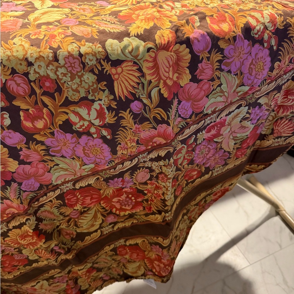 April Cornell Brown Tablecloth Round 82 with Pink, Gold & Orange Floral Design